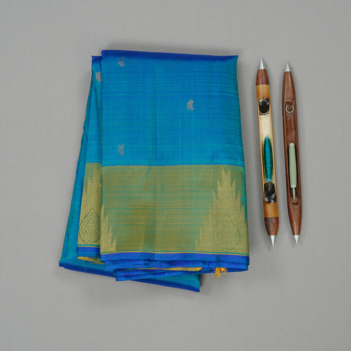 Hayagrivas Sky Blue Handloom Kanjivaram Silk Saree with Dual Tone (Sky Blue With Yellow) Border KBE111D1-2