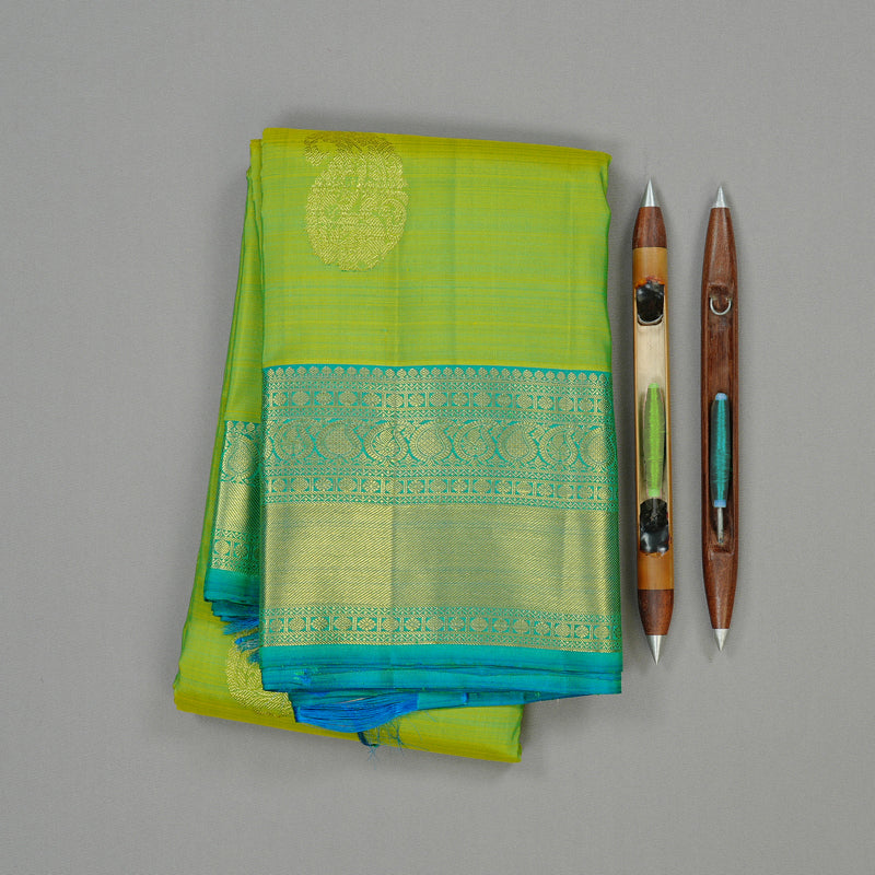 Hayagrivas Fluorescent Green Handloom Kanjivaram Silk Saree with Sea Blue Border KBE111D5-6