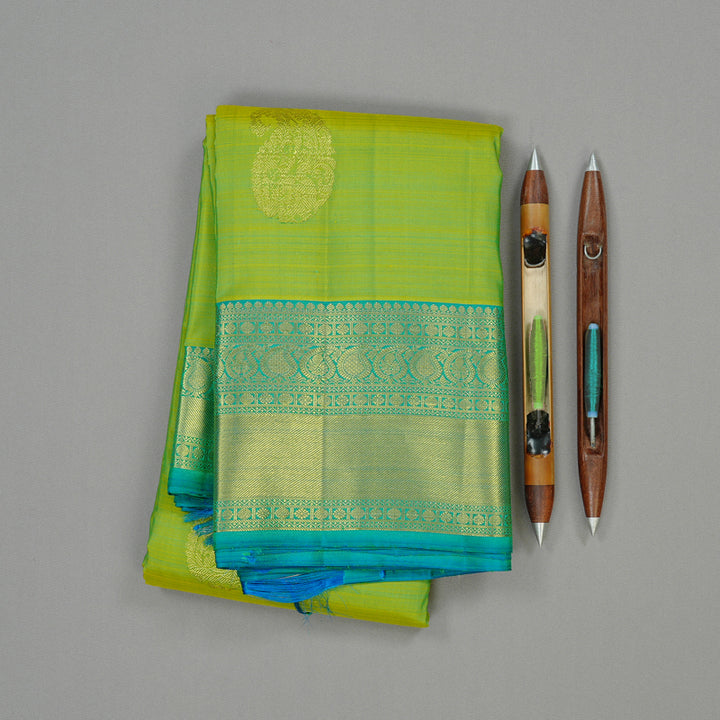Hayagrivas Fluorescent Green Handloom Kanjivaram Silk Saree with Sea Blue Border KBE111D5-6