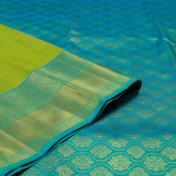 Hayagrivas Fluorescent Green Handloom Kanjivaram Silk Saree with Sea Blue Border KBE111D5-6