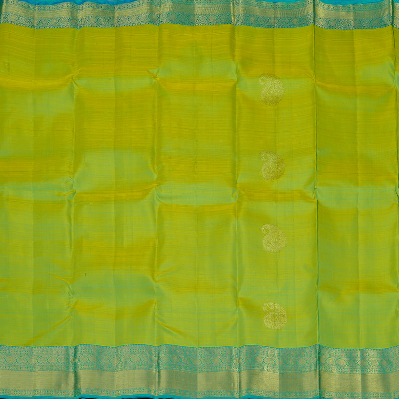 Hayagrivas Fluorescent Green Handloom Kanjivaram Silk Saree with Sea Blue Border KBE111D5-6