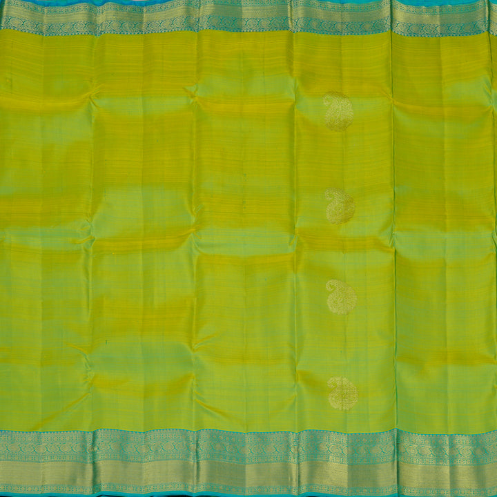 Hayagrivas Fluorescent Green Handloom Kanjivaram Silk Saree with Sea Blue Border KBE111D5-6