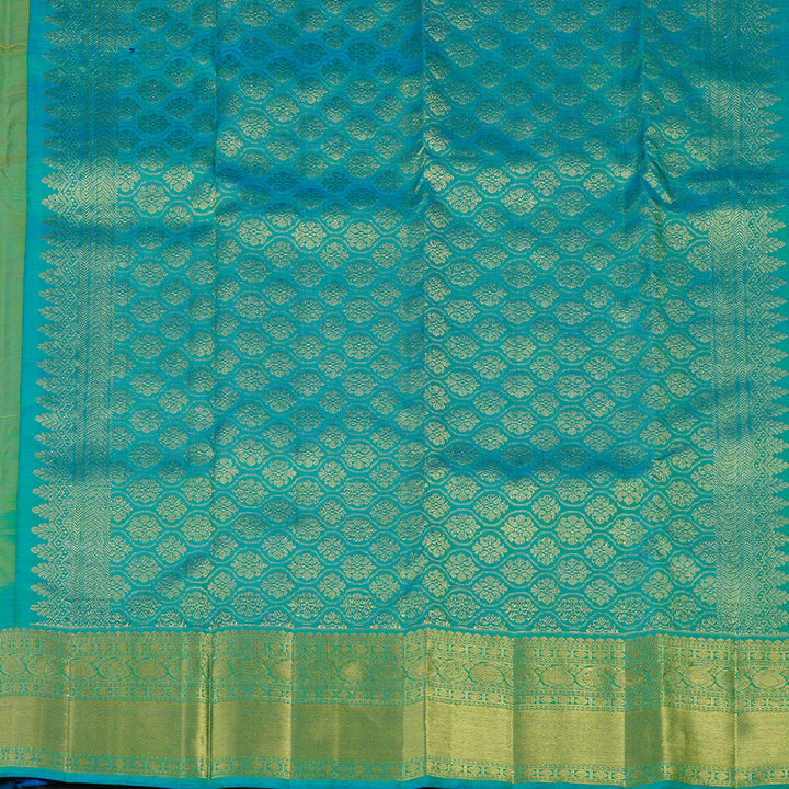 Hayagrivas Fluorescent Green Handloom Kanjivaram Silk Saree with Sea Blue Border KBE111D5-6