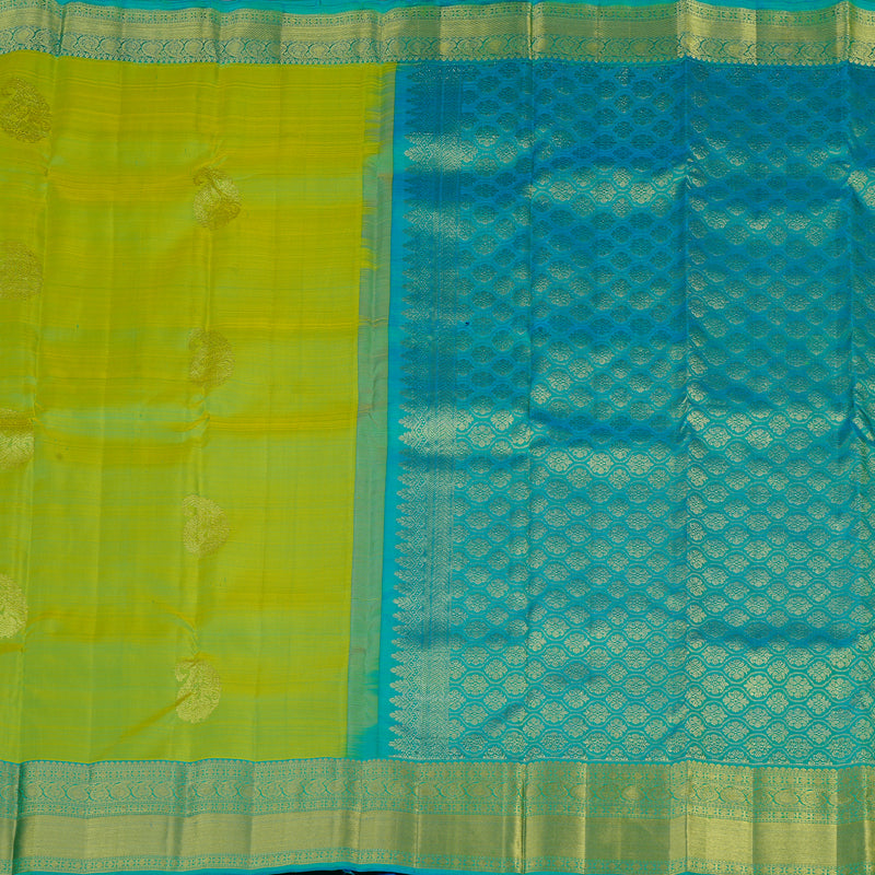 Hayagrivas Fluorescent Green Handloom Kanjivaram Silk Saree with Sea Blue Border KBE111D5-6