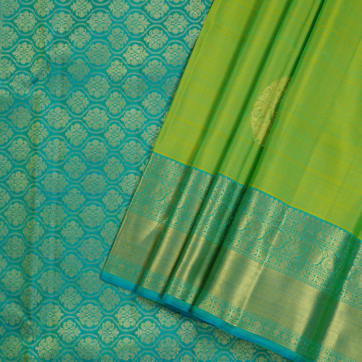 Hayagrivas Fluorescent Green Handloom Kanjivaram Silk Saree with Sea Blue Border KBE111D5-6