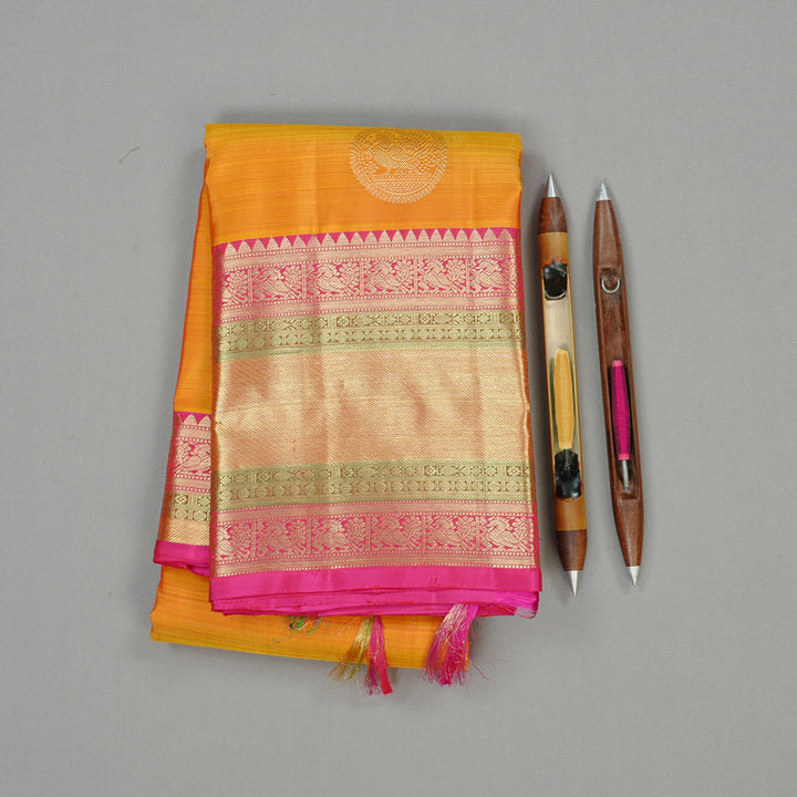 Hayagrivas Honey Mustard Handloom Kanjivaram Silk Saree with Pink Border KBE111D7-1