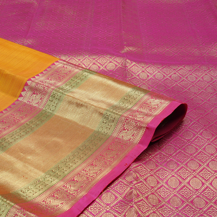 Hayagrivas Honey Mustard Handloom Kanjivaram Silk Saree with Pink Border KBE111D7-1