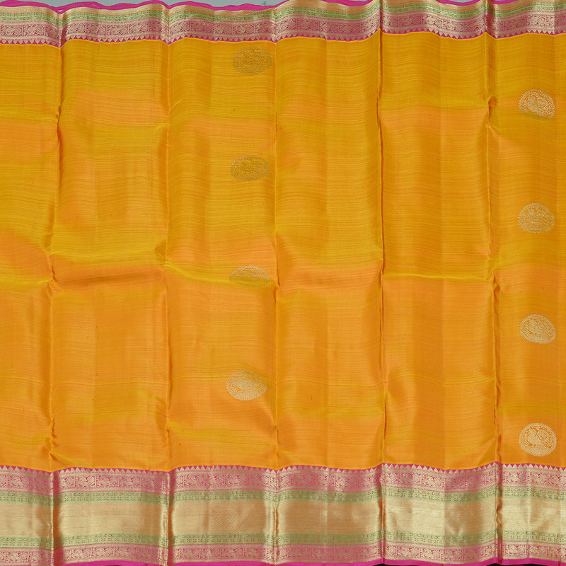 Hayagrivas Honey Mustard Handloom Kanjivaram Silk Saree with Pink Border KBE111D7-1