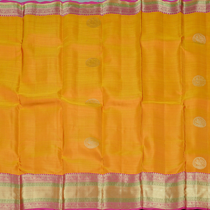 Hayagrivas Honey Mustard Handloom Kanjivaram Silk Saree with Pink Border KBE111D7-1