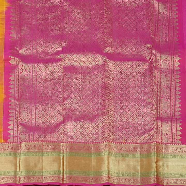 Hayagrivas Honey Mustard Handloom Kanjivaram Silk Saree with Pink Border KBE111D7-1