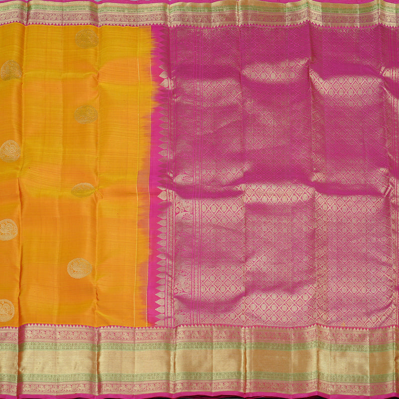 Hayagrivas Honey Mustard Handloom Kanjivaram Silk Saree with Pink Border KBE111D7-1