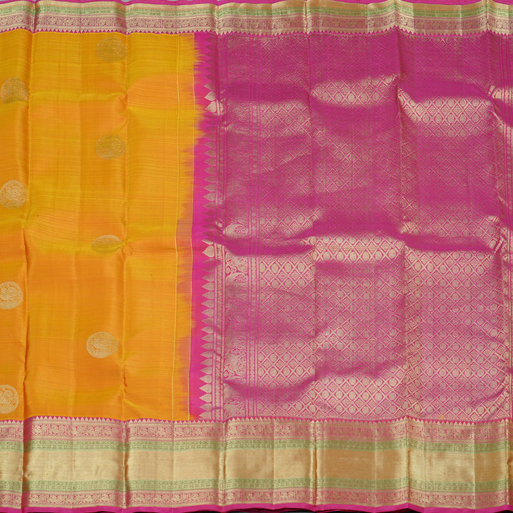 Hayagrivas Honey Mustard Handloom Kanjivaram Silk Saree with Pink Border KBE111D7-1