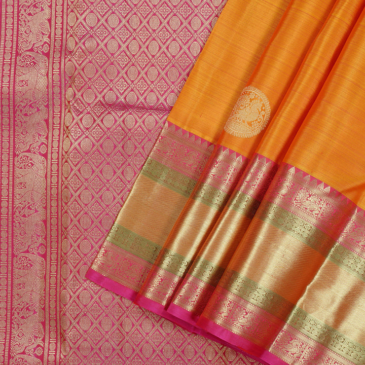 Hayagrivas Honey Mustard Handloom Kanjivaram Silk Saree with Pink Border KBE111D7-1