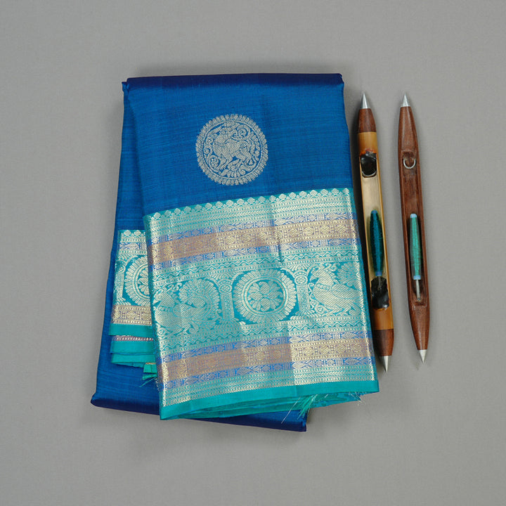 Hayagrivas Dark Sky Blue Handloom Kanjivaram Silk Saree with Sea Blue Border KBE111D7-2
