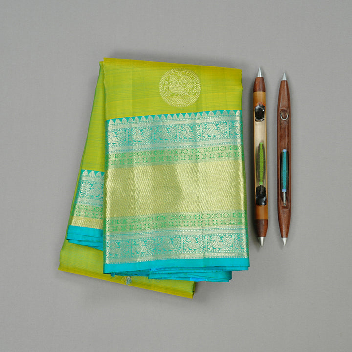 Hayagrivas Fluorescent Green Handloom Kanjivaram Silk Saree with Sea Blue Border KBE111D7-3