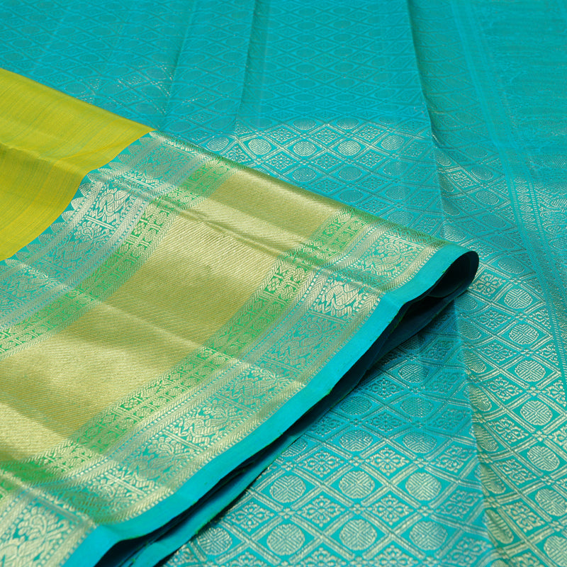 Hayagrivas Fluorescent Green Handloom Kanjivaram Silk Saree with Sea Blue Border KBE111D7-3