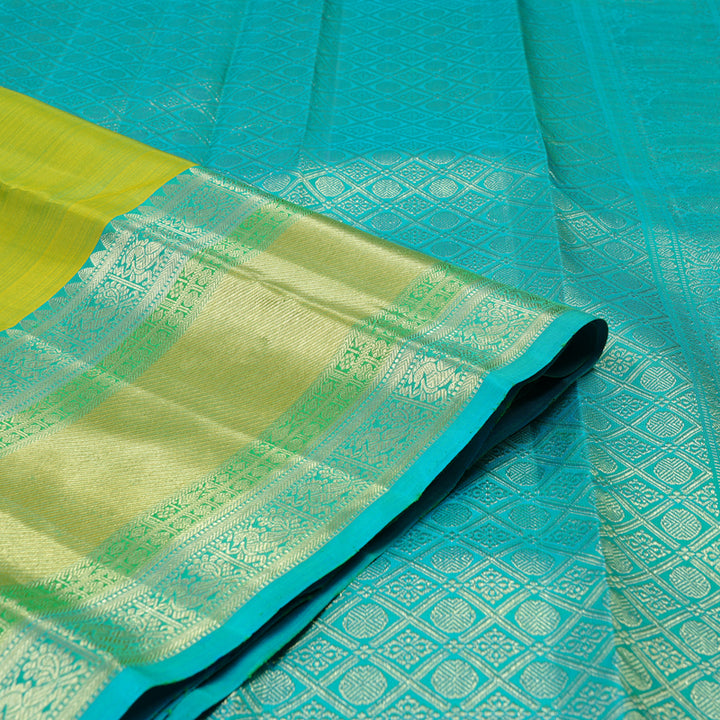 Hayagrivas Fluorescent Green Handloom Kanjivaram Silk Saree with Sea Blue Border KBE111D7-3