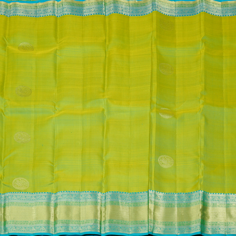 Hayagrivas Fluorescent Green Handloom Kanjivaram Silk Saree with Sea Blue Border KBE111D7-3
