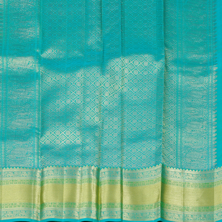 Hayagrivas Fluorescent Green Handloom Kanjivaram Silk Saree with Sea Blue Border KBE111D7-3
