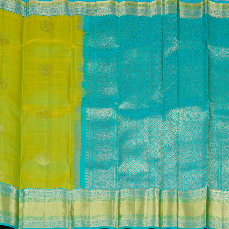 Hayagrivas Fluorescent Green Handloom Kanjivaram Silk Saree with Sea Blue Border KBE111D7-3