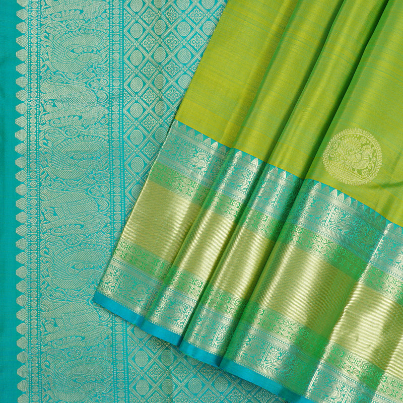 Hayagrivas Fluorescent Green Handloom Kanjivaram Silk Saree with Sea Blue Border KBE111D7-3