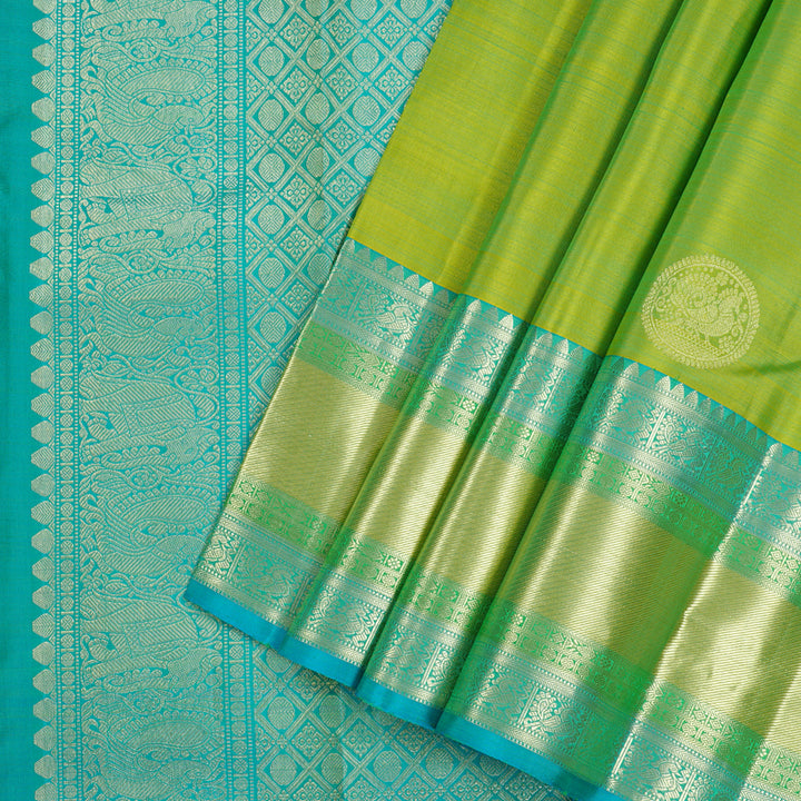 Hayagrivas Fluorescent Green Handloom Kanjivaram Silk Saree with Sea Blue Border KBE111D7-3
