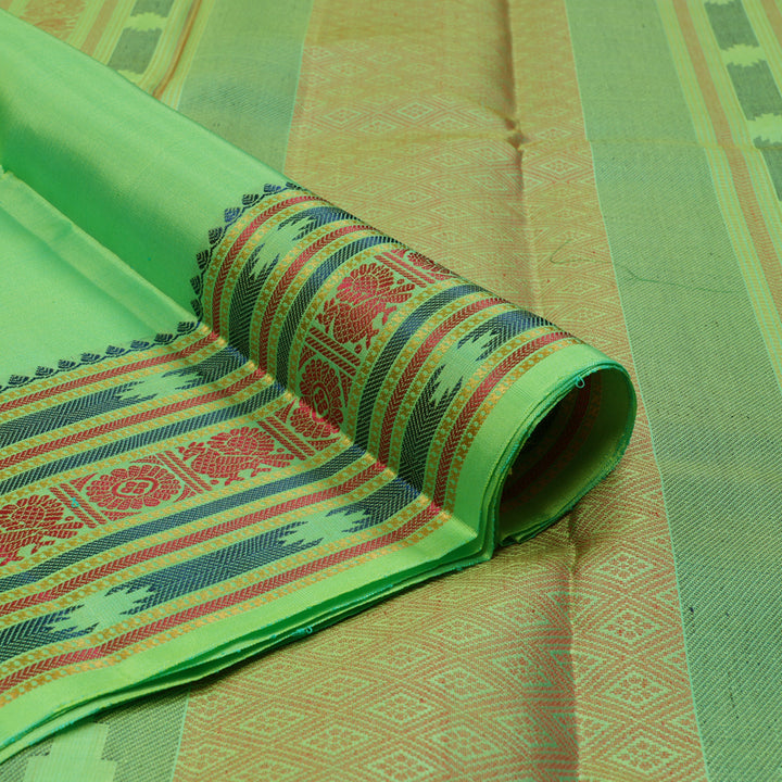 Hayagrivas Handloom Fluorescent Green Kanjivaram Silk Saree with Multicolour Border KBE1121I4-1