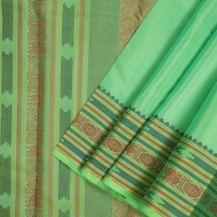 Hayagrivas Handloom Fluorescent Green Kanjivaram Silk Saree with Multicolour Border KBE1121I4-1