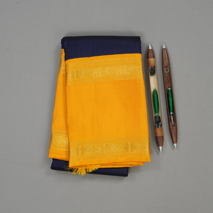 Hayagrivas Handloom Navy Blue Kanjivaram Silk Saree with Mango Yellow Border KBE1122I1-1