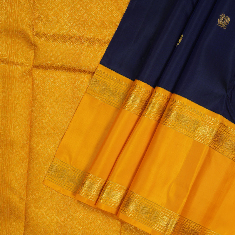 Hayagrivas Handloom Navy Blue Kanjivaram Silk Saree with Mango Yellow Border KBE1122I1-1
