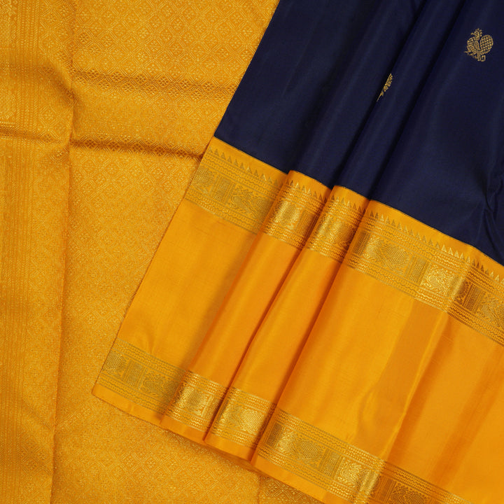 Hayagrivas Handloom Navy Blue Kanjivaram Silk Saree with Mango Yellow Border KBE1122I1-1