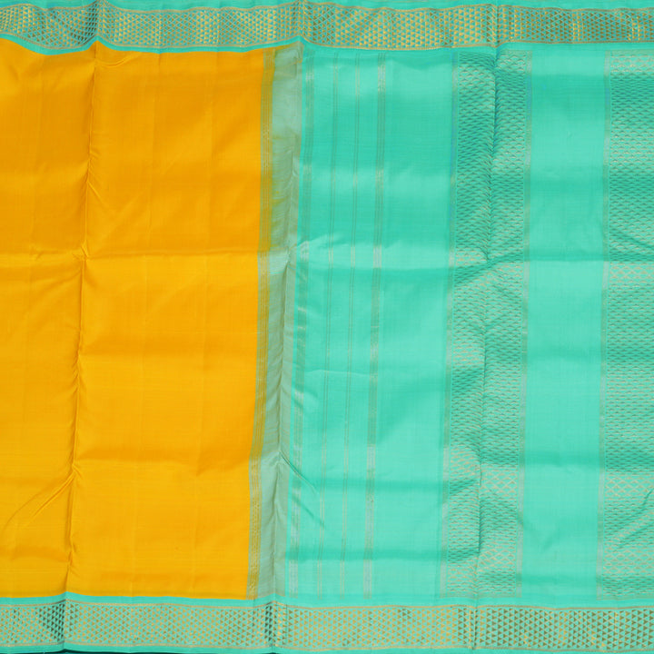 Hayagrivas Yellow Pure Ten Yards Silk Madisar Saree with Bright Teal Border KBE1122I4-1