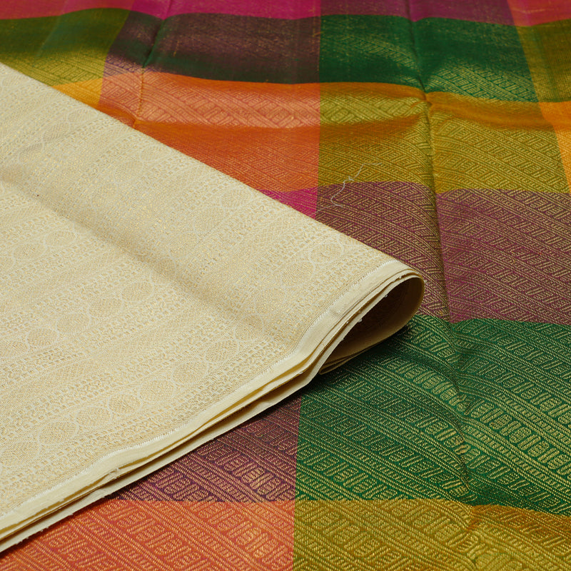 Hayagrivas Half White Handloom Kanjivaram Silk Saree with Multi Colour Checks Border KBE112D5-1
