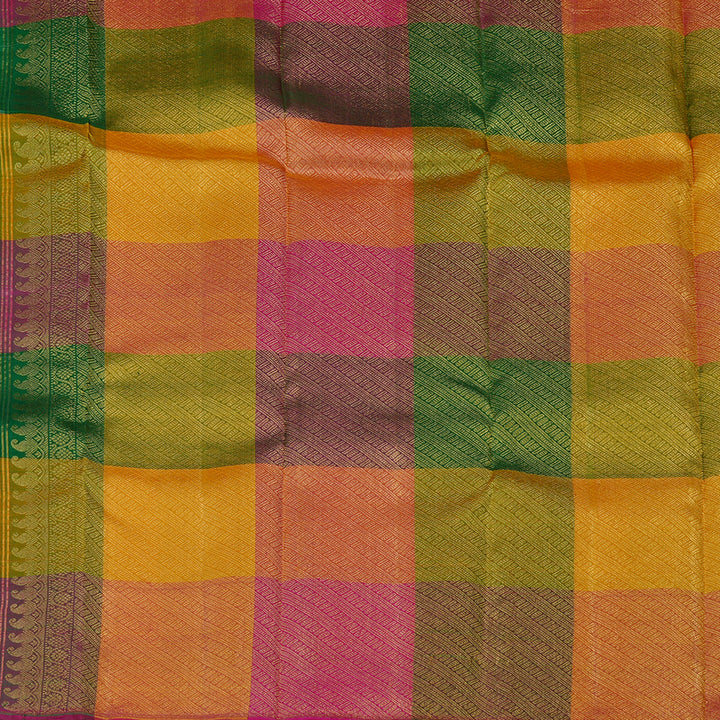 Hayagrivas Half White Handloom Kanjivaram Silk Saree with Multi Colour Checks Border KBE112D5-1