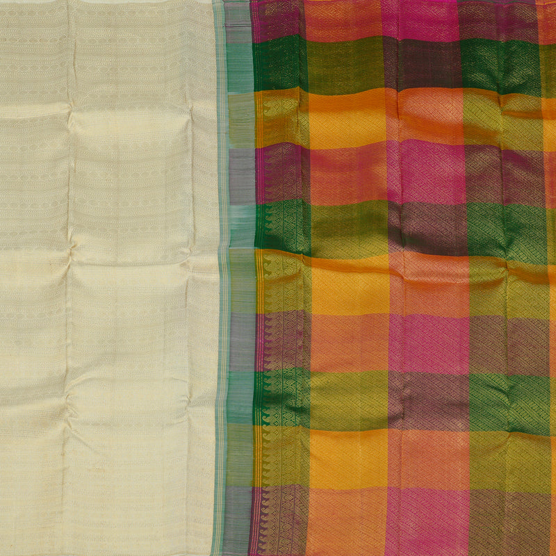 Hayagrivas Half White Handloom Kanjivaram Silk Saree with Multi Colour Checks Border KBE112D5-1