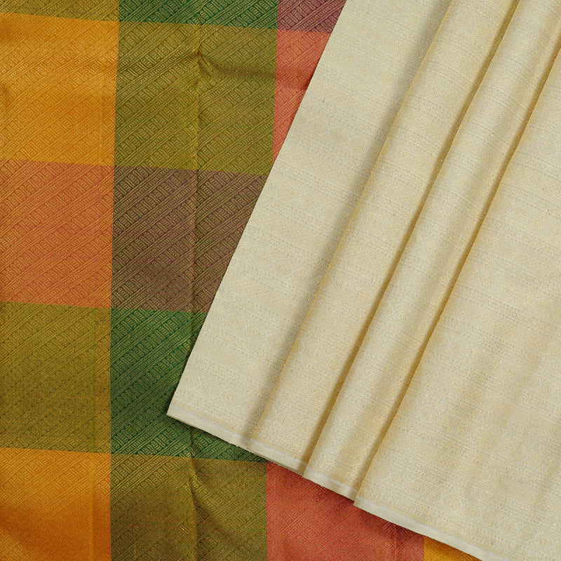 Hayagrivas Half White Handloom Kanjivaram Silk Saree with Multi Colour Checks Border KBE112D5-1