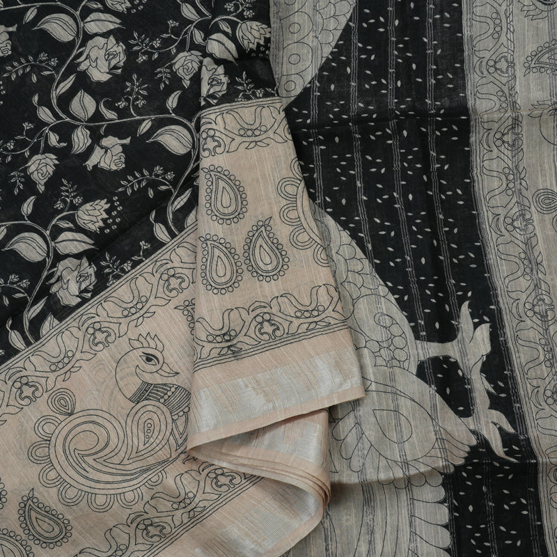 Hayagrivas Black Fancy Cotton Saree with Beige Border KBE1134I1-46