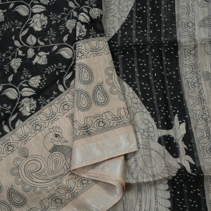 Hayagrivas Black Fancy Cotton Saree with Beige Border KBE1134I1-46