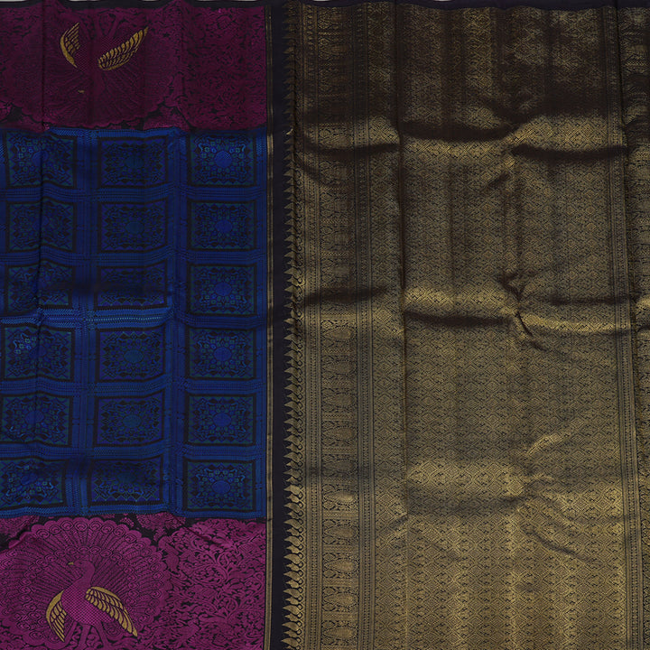Hayagrivas Dark Blue Handloom Kanjivaram Silk Saree with Purple Border KBE113D10-1