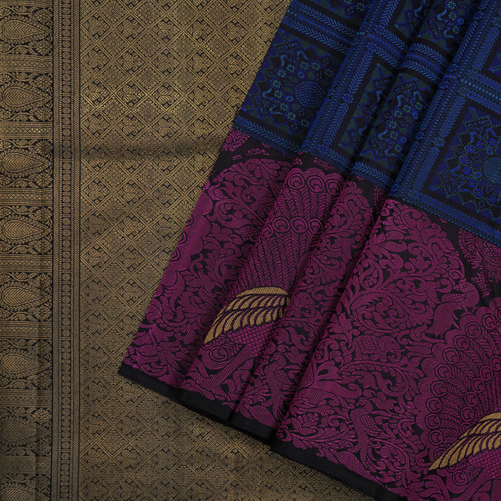 Hayagrivas Dark Blue Handloom Kanjivaram Silk Saree with Purple Border KBE113D10-1