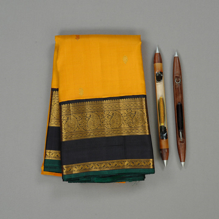 Hayagrivas Mustard Handloom Kanjivaram Silk Saree with Black Border KBE113D2-1