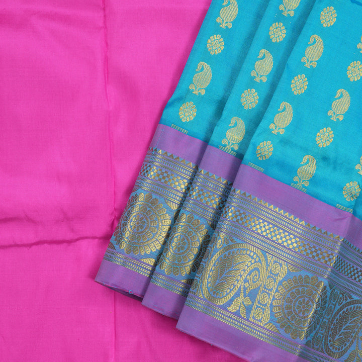 Hayagrivas Sky Blue Pattu Pavadai with Rani Pink contrast KBE1147I1-2