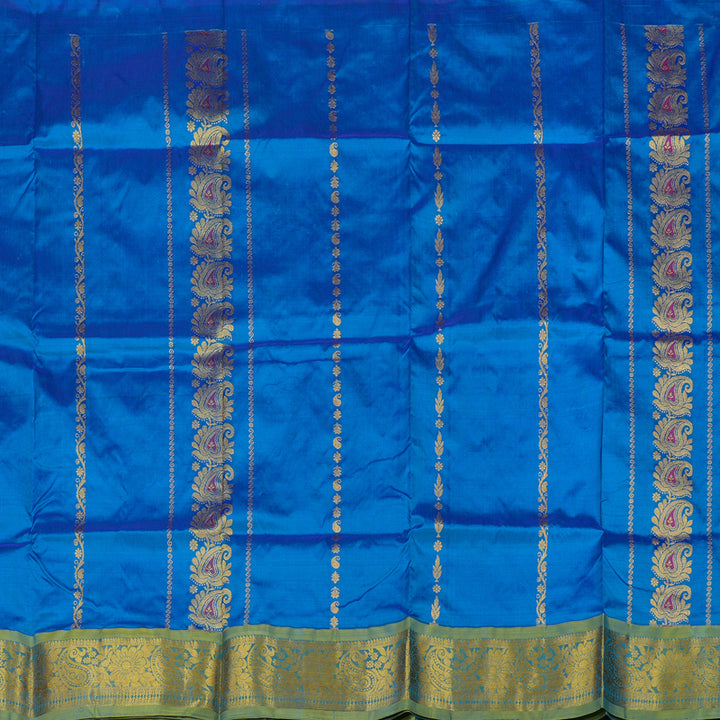 Hayagrivas Handloom Rama Blue Kanjivaram Silk Pattu Pavadai with Sage Green Border KBE1147I7-1