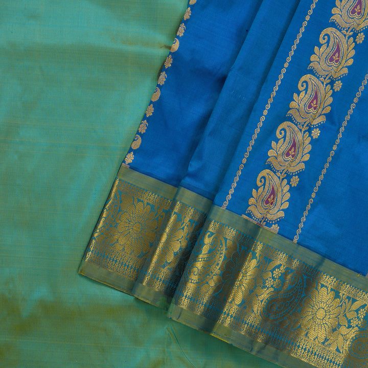 Hayagrivas Handloom Rama Blue Kanjivaram Silk Pattu Pavadai with Sage Green Border KBE1147I7-1