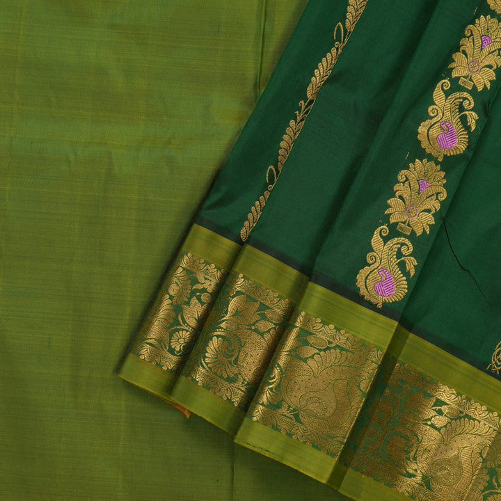 Hayagrivas Handloom Bottle Green Kanjivaram Silk Pattu Pavadai with Leaf Green Border KBE1147I7-4