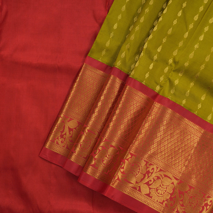 Hayagrivas Handloom Olive Yellow Kanjivaram Silk Pattu Pavadai with Red Border KBE1147I8-3