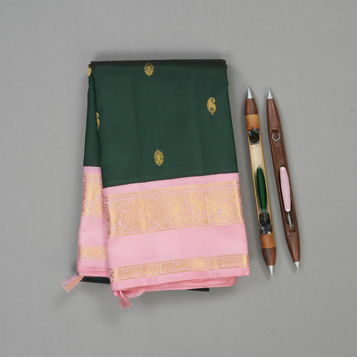 Hayagrivas Handloom Bottle Green Kanjivaram Silk Saree with Baby Pink Border KBE1156I5-1
