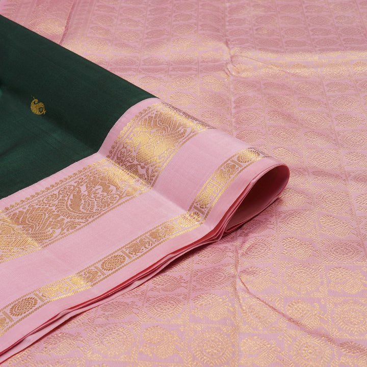 Hayagrivas Handloom Bottle Green Kanjivaram Silk Saree with Baby Pink Border KBE1156I5-1