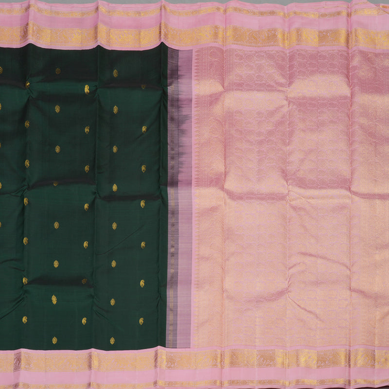 Hayagrivas Handloom Bottle Green Kanjivaram Silk Saree with Baby Pink Border KBE1156I5-1