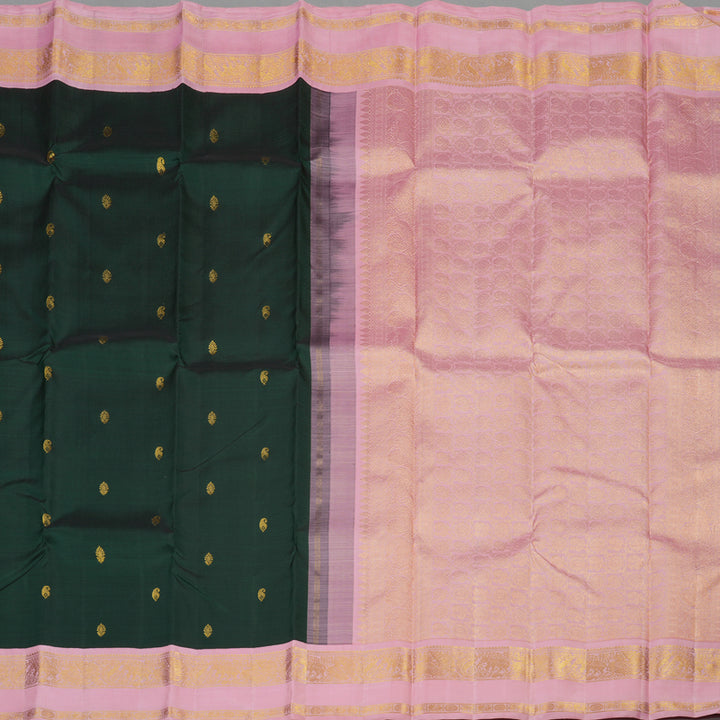 Hayagrivas Handloom Bottle Green Kanjivaram Silk Saree with Baby Pink Border KBE1156I5-1